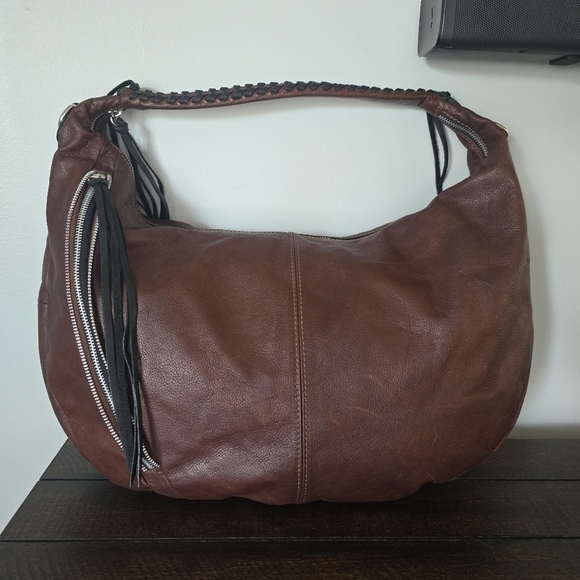 Borse In Pelle Brown Genuine Leather Hobo Crescent Shoulder Bag Fringe Italy - Picture 1 of 16